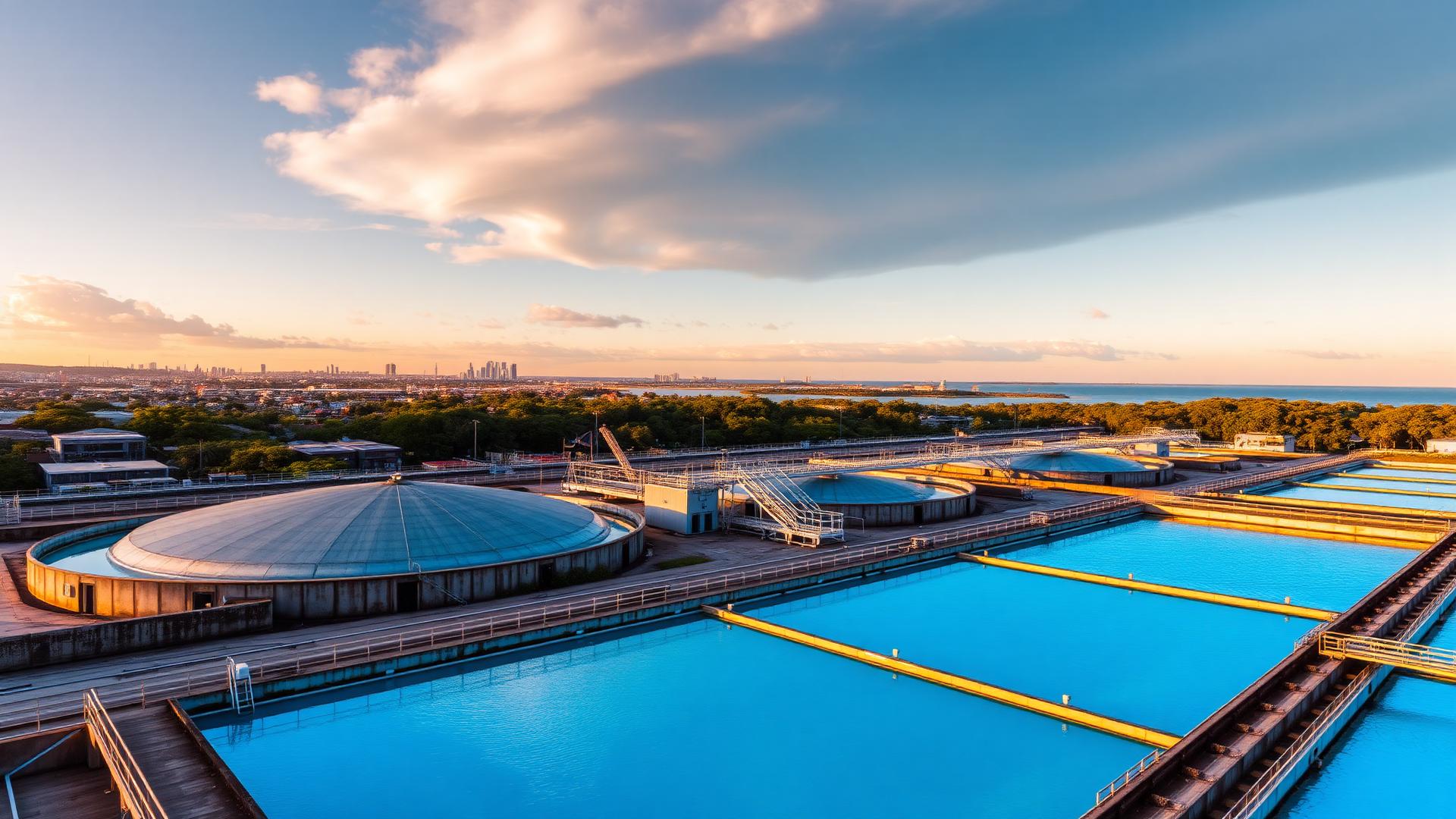 Estação de tratamento de água ao entardecer